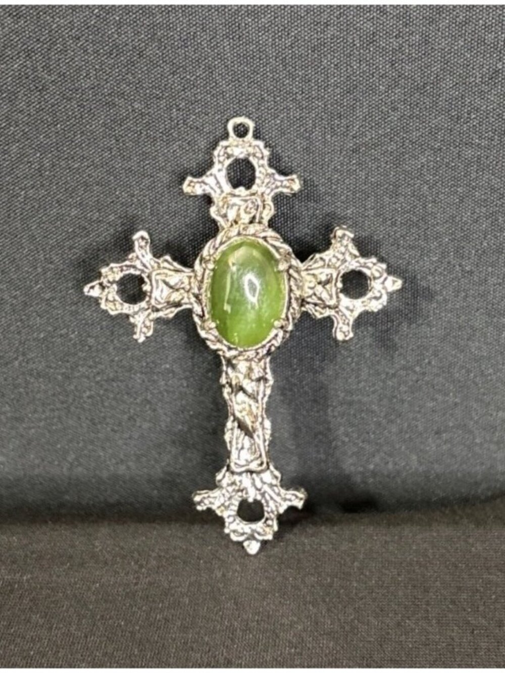 Gothic Byzantine Cross Pendant With Green Gemstone Costume Religious Jewelry - Picture 5 of 6